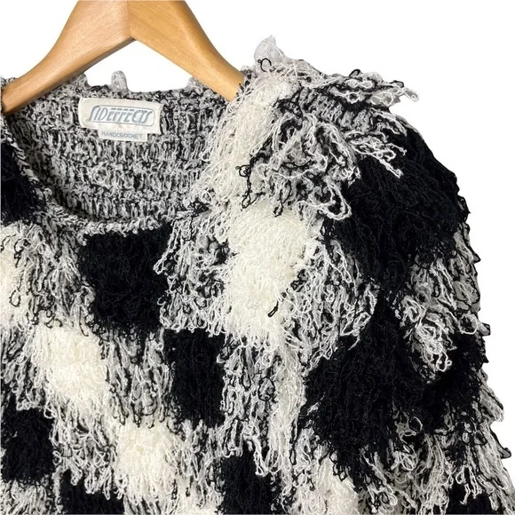 Sideffects Vintage Shaggy Sweater Hand Crocheted Checkered Pattern Vintage Small - Picture 3 of 7